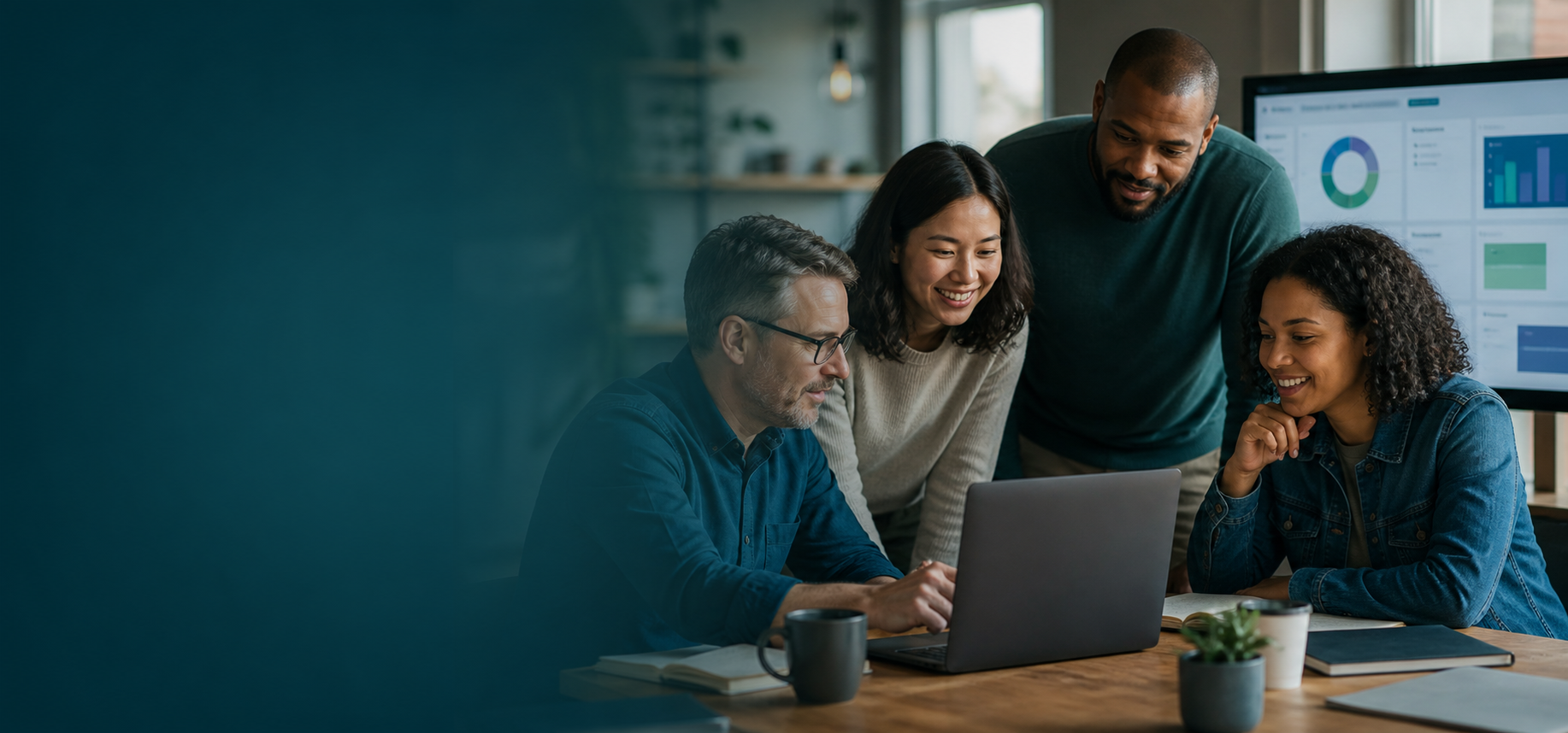 A church team working together around a digital system